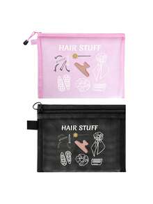 Red Mesh Cosmetic Bag With Hair Accessory Pattern, Multifunctional Makeup Pouch For Storing Hair Clips, Headbands, Compact Portable Makeup Bag, Skincare Organizer, Travel Essential, Dorm Supplies, Bridal Gift, Holiday Necessity, Vacation Travel Accessory Make Up Bag - Black - View 14