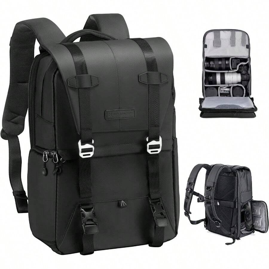 20L Camera Backpack For Photographers Large Capacity PU Leather Camera Bags With Raincover 15.6 Inch Laptop Compartment For Camera Drone Bags - Black - View 1