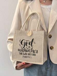 Sac fourre-tout en lin imprimé d'un motif chrétien simple, idéal pour les voyages et les vacances, cadeau parfait pour exprimer sa foi, sac de courses avec bouton décoratif, poignées doubles, réutilisable, convient pour les mariages, les anniversaires, les plages, les festivals, parfait pour les diplômés, les adolescents, les étudiants de première et deuxième année, les élèves du secondaire, également idéal pour les activités de plein air, les voyages et la rentrée scolaire - Kaki - Voir 6