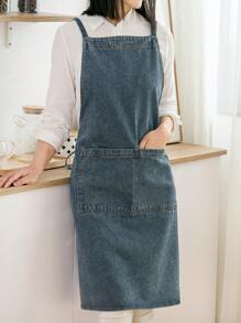 1pc Denim Apron, Extra Long Tie Strap, Unisex Home Kitchen, Work, Japanese Style Bib Apron