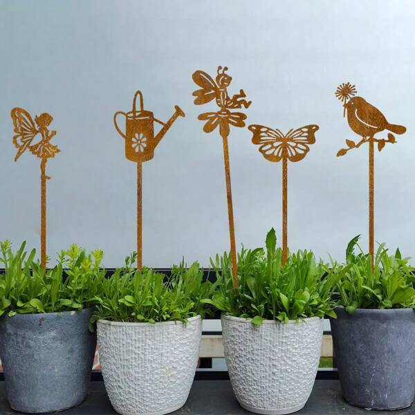5pcs Rusty Metal Garden Stake, Rusted Garden Decoration, Rust Look, Patina Metal Rust Stake, Rust Decoration For Garden Patio Balcony