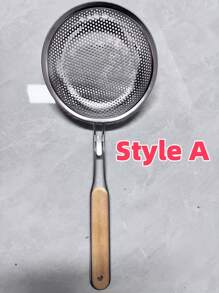 1pc Premium Stainless Steel Wood Handle Strainer Ladle, 16cm Wide Perforated Bowl, Ideal For Cooking, Food Prep And Oil Filtering, Suitable For Pasta And Noodles, Perfect For Restaurants (Color Random)