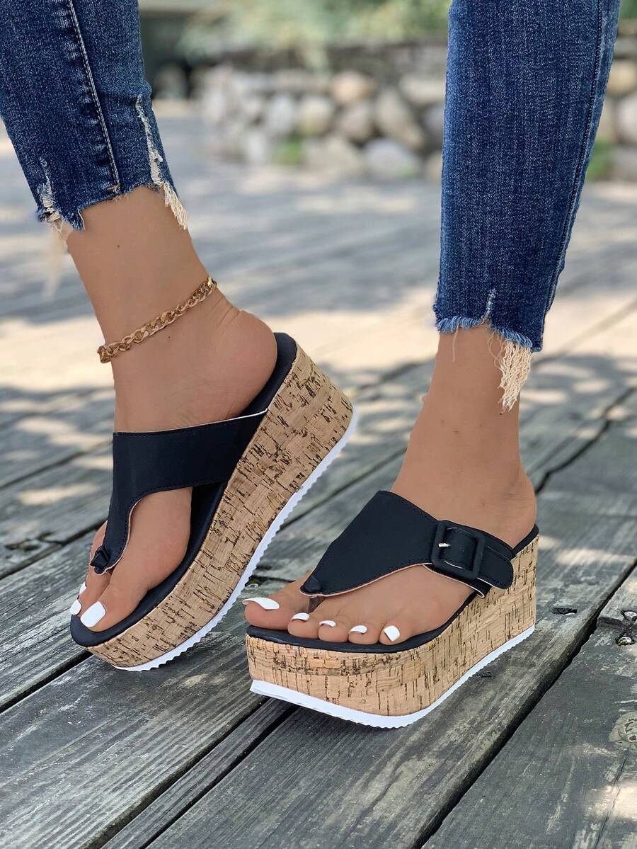 Women's Summer New Thick Bottom Platform Waterproof Wedge Toe Loop Sandals - Black - View 1