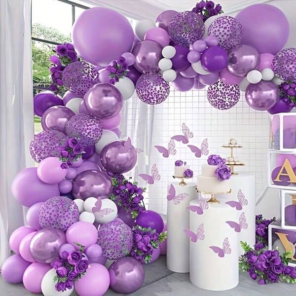 107pcs Metal Purple Balloon Arch Kit, Butterfly Decals For Birthday, Wedding, Anniversary, Baby Shower Party Decorations