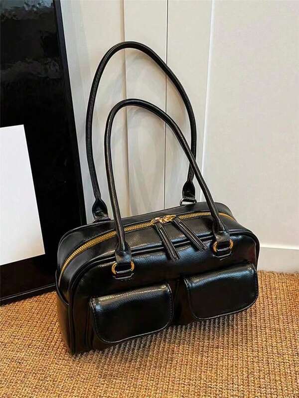 Large Capacity Simple Pu Tote Bag With Multiple Pockets & Shoulder Strap For Work,Solid Color Personalized Handbag,School Bag,Large Capacity,Portable,Classic Casual,For Teen Girls Women College Students,White-Collar Workers,Perfect For Work,Back To School,Middle School,High School,College,Vacation, Fashionable Tote Bag With Zipper, Japanese Bag, Vintage Bag For Women, Street & Japanese Bag For Women