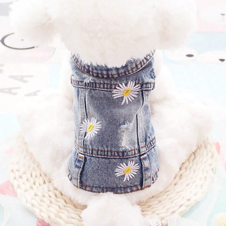 2025 Spring/Summer New Daisy Embroidered Distressed Denim Vest, Pet Clothes For Poodle & Teddy Bear - Baby Blue - View 1