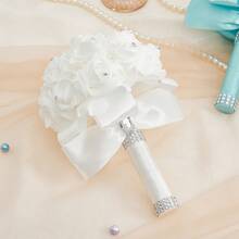 Artificial Wedding Bride Bouquet Handheld Bridesmaid Flower With Ribbon - White - View 9