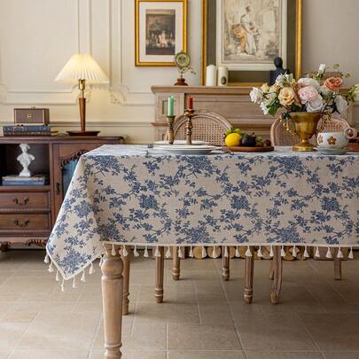 1 件复古蓝玫瑰花流苏桌布、床头柜防尘桌罩、咖啡桌装饰布适用于农舍家居房间装饰、餐厅、厨房、晚餐、派对、节日、感恩节、婚礼