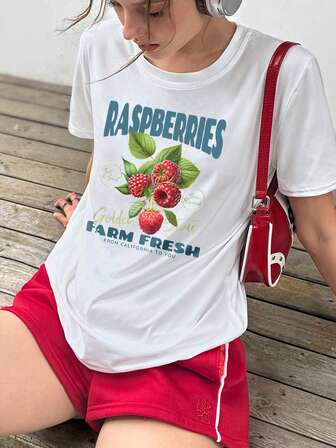 Women's Casual Fruit And Letter Print Round Neck Short Sleeve T-Shirt, Summer Vacay Style