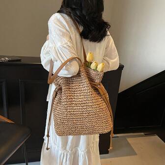 时尚休闲百搭纯色大容量草编手提包，适合度假、旅行和购物