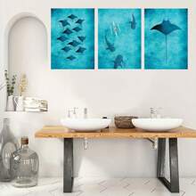 1 Pc Optional Frame Posters Wall Arts Animals Blue Watercolor Ocean Marine Organism Whale Shark Manta Rays Poster Sea Beach Surf Canvas Painting Wall Art For Room Home Decor Coastal Decor Coastal Decor Beach Decor, Wall Art With Frame