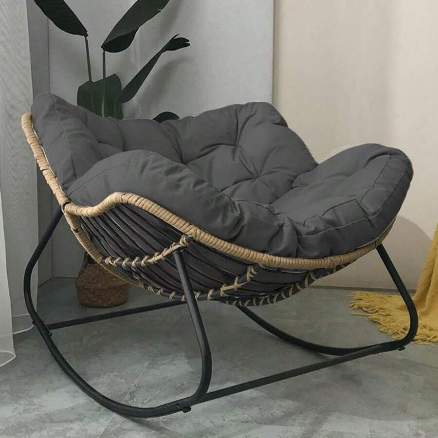 Patio Rocking Outdoorwith Cushion Padded, Indoor Oversized Rattan Wicker Lounge Chair, Egg Rocking Rocker Metal Frame Large Supports Modern Chair - Dark Grey - View 1