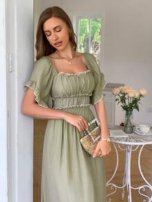 PoPoHouse Women's Dress Summer Vacation Casual Color Contrast Skirt With Ruffled Puffy Sleeves - Green - View 6