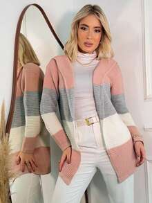 Tricolor Knit Cardigan Women's Winter Coat Kimono Jacar Knit - 玫瑰 - 查看 1