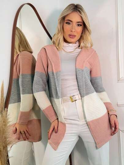 Cardigan Tricot Tricolor Casaco Feminino Inverno Kimono Jacar Tricô