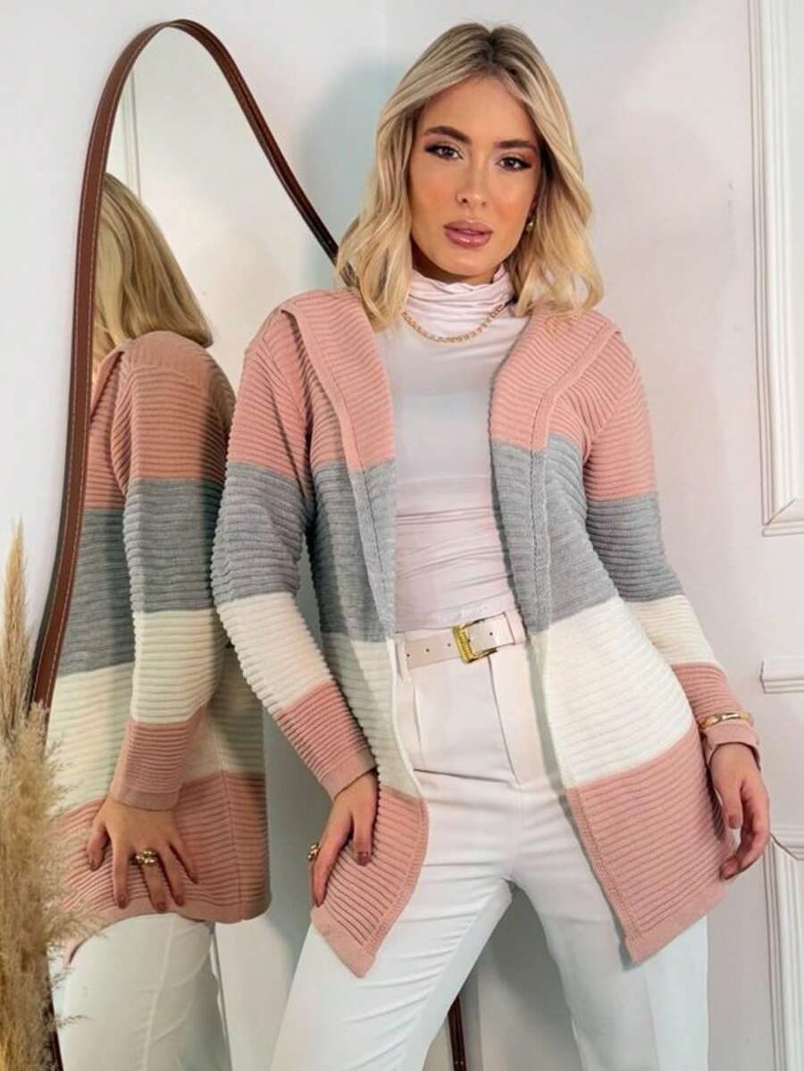 Tricolor Knit Cardigan Women's Winter Coat Kimono Jacar Knit - 玫瑰 - 查看 1