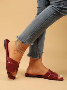 Women's Fashion Square Toe Flat Slides, Versatile Ladies Sandals, Spring/Summer New Arrival - Burgundy - View 2