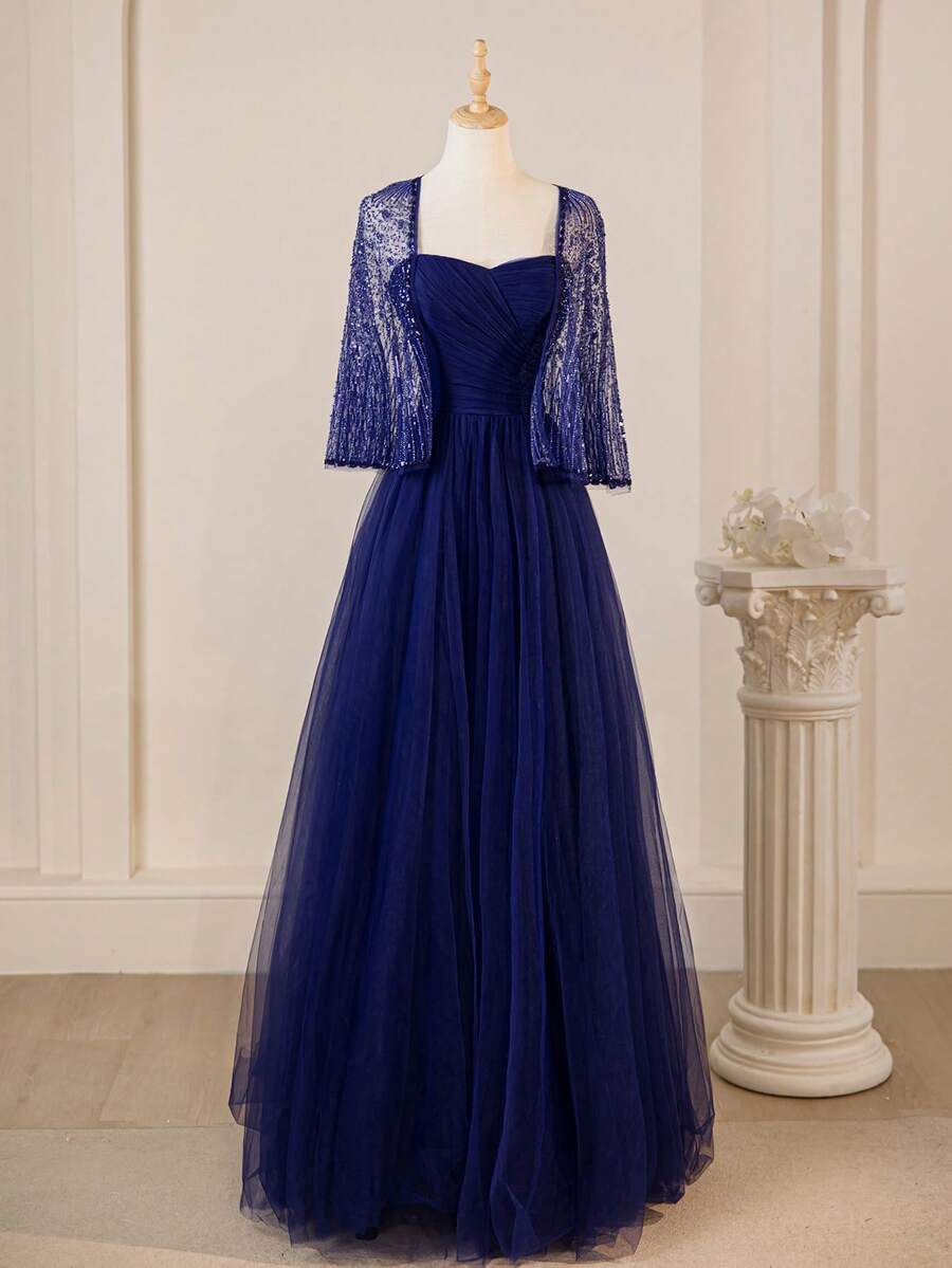 Váy lưới không dây đính cườm và sequin thanh lịch, thời trang mới, có kèm khăn choàng, trang trọng, váy dự tiệc, váy dạ hội, cho buổi tối, khách dự tiệc cưới - Xanh đậm - Xem 1
