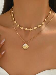 2pcs/Set Summer Beach Ocean Shell Gold Necklace, Fashion Fashionable Shell & Faux Pearl Pendant Jewelry Set For Women, Suitable For Daily Wear And Vacation, Handmade Adjustable Chain Length - Shell - View 1