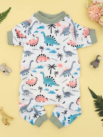1pc Dinosaur Print Puppy One-Piece Pajamas, Adjustable Fit, Suitable For Small And Medium Dogs