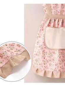 1/3 szt. Elegancki fartuch w stylu księżniczki z drobnymi kwiatowymi zdobieniami i koronką, wodoodporna i oddychająca sukienka-sukienka, słodki fartuch w drobne kwiatowe zdobienia, fartuch na prezent (nieznaczne różnice w kolorze i nadruku ze względu na różnice w partii, ale nie wpływają na użytkowanie, nie zaleca się zakupu)