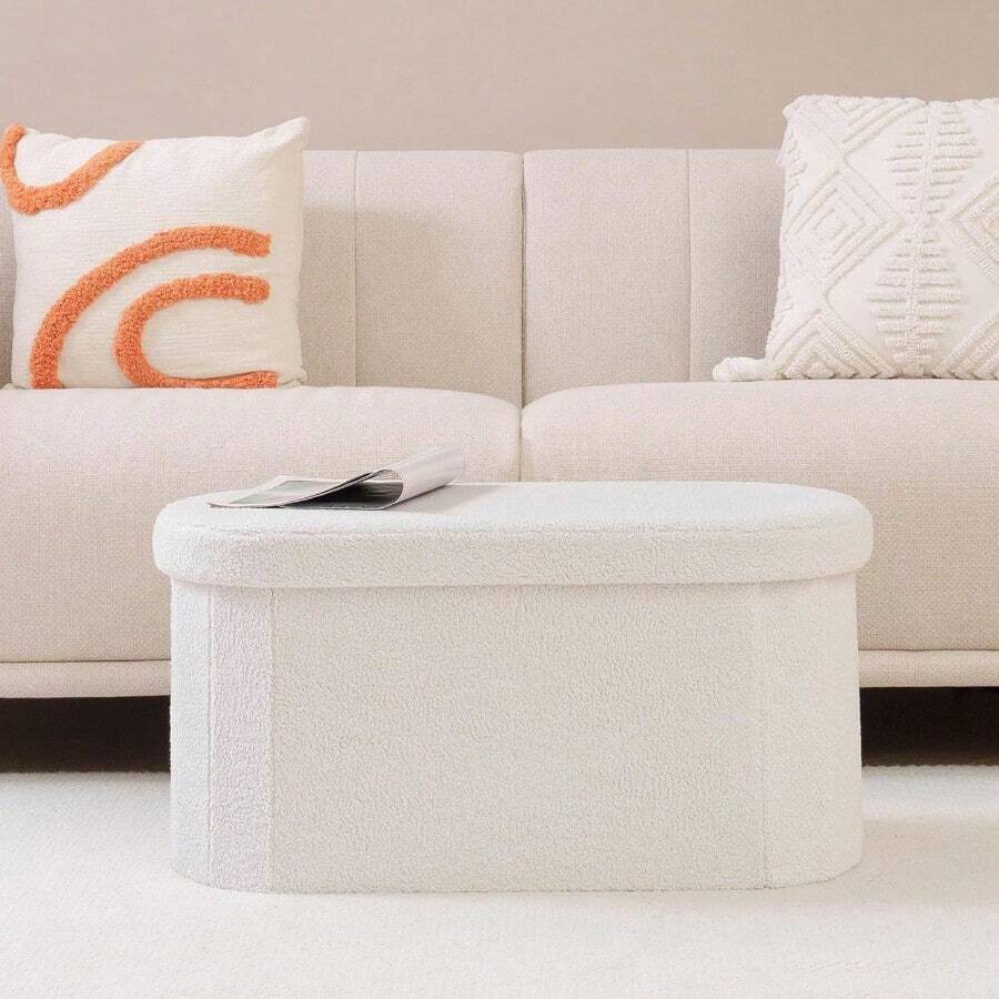 Folding Ottoman Storage Bench,Boucle Footstool Oval, End Of Bed Stool, Ideal For Living Room, Bedroom, 100L Storage Space,White - White - View 1