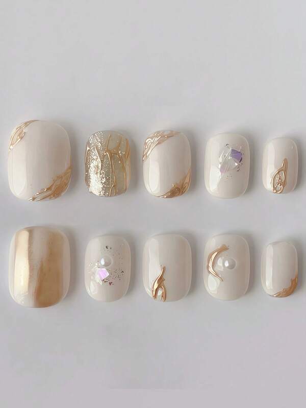 10pcs Iridescent Tie Dye Sequin Embellished Handcrafted Nail Art, Premium Quality Daily Wear