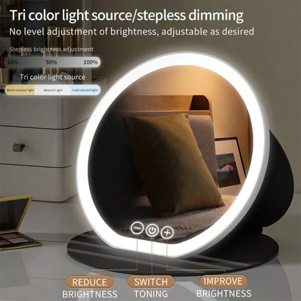 A Convenient Mini Three-Touch Switch PU Folding Cosmetic Mirror, Suitable For Shopping, Going To School, Outdoor Activities, Etc.