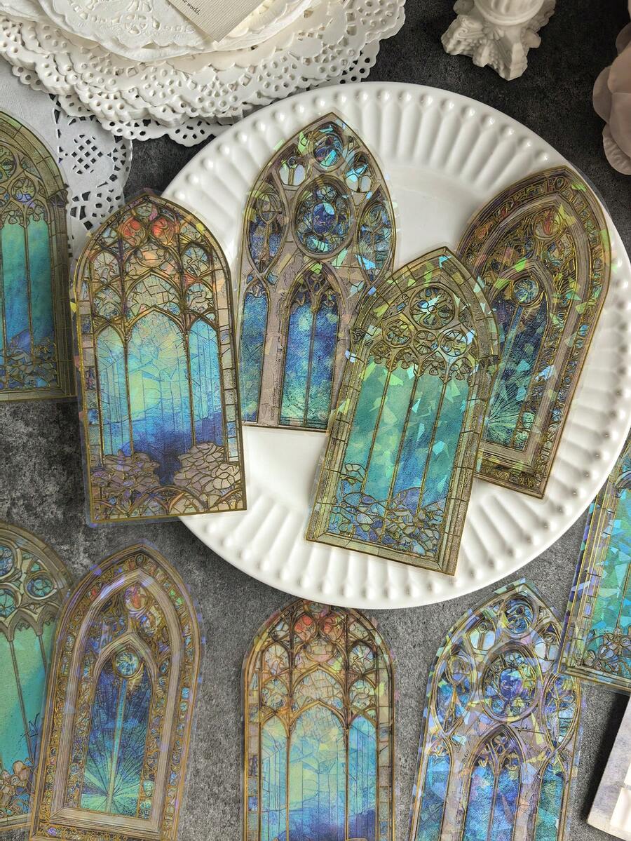 1 Pack Of 10 Sheets Retro Luxurious Stained Glass Window Foil Laser Decal Stickers For Scrapbooking,School Supplies,Back To School - one-size - View 1