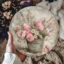 1pc Retro Floral Wooden Wall Art, Boho Wooden Round Sign With Romantic Flower Pot Design, 2D Print Rustic Wooden Painting, Suitable For Home, Restaurant, Cafe, Garage - 8x8 Inches, Indoor/Outdoor, Easy To Hang, Exterior Decor Room Decor Bedroom Decor Home Decor Wall Decor