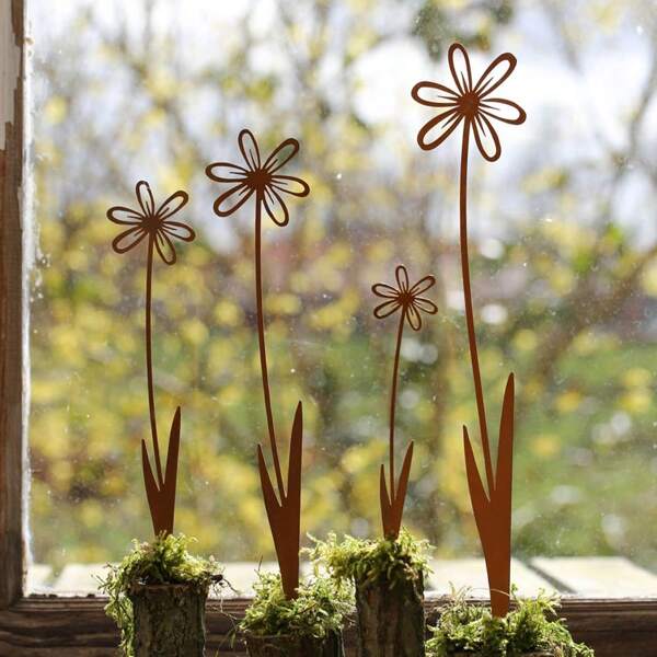 4pcs Rusty Metal Flower Stakes, Decorative Rustic Metal Flowers Yard Art, Garden Lawn Decor, Outdoor Decor For Spring/Summer