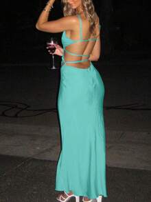 女士镂空纯色紧身露背派对度假性感长裙春夏夜间外出服装 - 藍色 - 查看 4