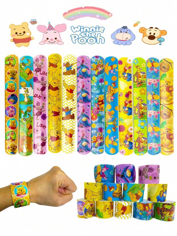 Takara Tomy Disney 12Pcs Winnie The Pooh Tigger Themed Party Pat Ring Slap Bracelet Slap Holiday Party Game Supplies Souvenir Game Toy Gifts Reward Supplies Birthday Gifts