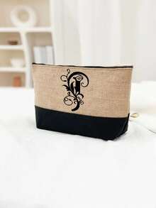 Black Khaki Patchwork Tote Bag Set, Black Vines Wrapped Around The Initial Letters A-Z, With The Same Series Of Color Block Makeup Storage Bag, Toiletry Bag, Wallet, Personalized Gift Bag, Fashionable Personalized Tote Bag - Khaki - View 21