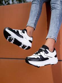 Rollers à boucle et à boucle simple pour enfants/adolescents, 4 roues, roues amovibles, chaussures de sport décontractées, convenant à toutes les saisons - Noir et Blanc - Voir 6