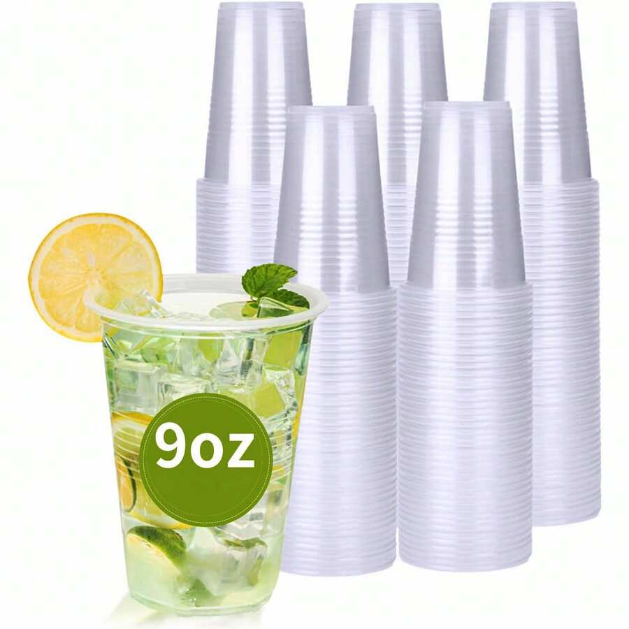 100 Pack 9 OZ Clear Plastic Cups, Plastic Cups Disposable 9 OZ Drinking Glasses For Hotel Party Thanksgiving Christmas - 白色 - 查看 1