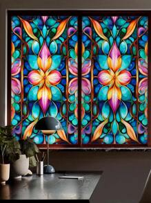 1 Roll Of Retro Frosted Thickened (Thickness/0.24mm) Romantic And Gorgeous Flower Symmetrical Brilliant Color Interweaving Colorful Mysterious DIY Home Decoration, No Glue Static Adsorption, Semi Transparent Insulation, Light Shielding, Sun Protection Suitable For Window Stickers On Home Bathroom Doors, 3D Colored Glass Film, Glass Stickers Room Decor Wall Decor Personalized Wall Stickers