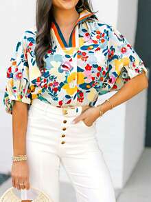 Boho Retro Vintage Viscose 90's Khaki Beige Apricot Ruffle V Neck Half Sleeve Loose Top Shirt Blouse - P藍色 - 查看 3