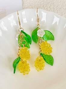 2 Pcs Original Summer Style Sweet Resin Yellow Green Lemons Flowers Dangle Earrings For Women Daily Wear