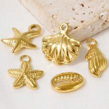 5 Stücke Edelstahl Ozean Themen Anhänger Sortiment - Seestern, Muschel, Schildkröte, Hai, Fisch, Delfin, Seepferdchen. Geeignet für Armband, Halskette, Knöchel, Ohrring Schmuck DIY, Vintage, Strand, Party Elemente, 18 Karat vergoldet