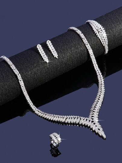 4 Peças/Conjunto Luxuoso Dubai Arábia Saudita Conjunto de Joias Rhodium Cobre CZ 4 Peças Jóias Nupciais Femininas para Casamento e Festa