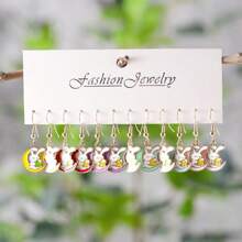 6 Pairs Cute Rabbit Pendant Metal Jewelry Earrings, Enamel Rabbit Charm Drop Earrings, Suitable For Daily Wear, Perfect For Women Birthday/Holiday Gift