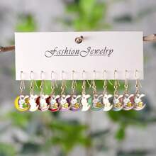6 Pairs Cute Rabbit Pendant Metal Jewelry Earrings, Enamel Rabbit Charm Drop Earrings, Suitable For Daily Wear, Perfect For Women Birthday/Holiday Gift