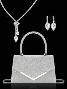 Elegante y encantadora cartera con solapa de strass brillante, bolso de noche exquisito para mujeres, combinado con un set de 3 piezas de joyería de strass brillante que incluye un collar, pulsera y aretes de strass de lujo y exquisitos. Adecuado para vestidos de boda, fiesta, graduación. Perfecto para mujer en fiestas, bodas, cenas y banquetes.