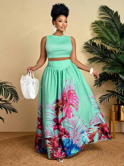 BIUBIU Women's Plus Size Plus Size Elegant & Holiday Casual Net Solid Color Sleeveless Vest And Tropical Coconut Tree Print Long Skirt 2 Pieces Set, Vacation, Summer,Tropical Healing( Positioning Print)