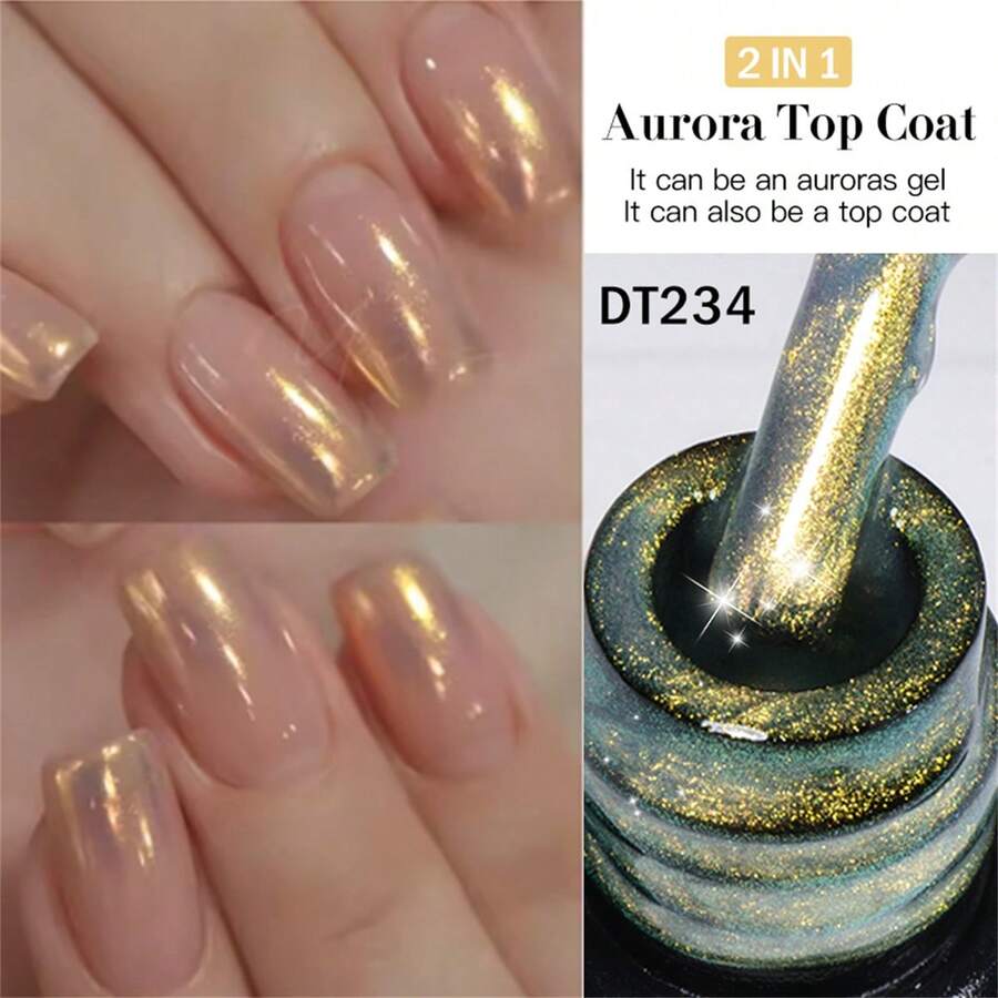MEET ACROSS 7ml 2 IN 1 Auroras Top Coat Glitter Pearl Pink Purple Color Auroras Laser Shimmer Mermaid Effect Gel Nail Polish DIY Semi Permanent Soak Off Nail Supplies
