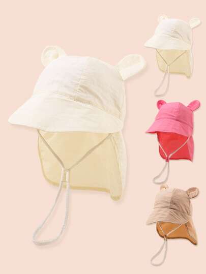 1顶带护颈的婴儿熊耳遮阳帽，适合幼儿男女宝宝的防晒渔夫帽，夏季沙滩泳池户外帽