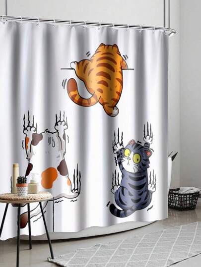 1pc, Cartoon Cat Print Waterproof Shower Curtain With 12 Hooks, Animal Theme Decorative Bath Curtain For Bathtub, Modern Bathroom Decor, Waterproof Polyester Fabric, Machine Washable, Suitable For Hotel, Apartment, Homes, Great Gift Idea, Sizes: 35inX70in, 47inX70in, 59inX70in, 70inX70in Fall Decor Bathroom Accessories Back To School