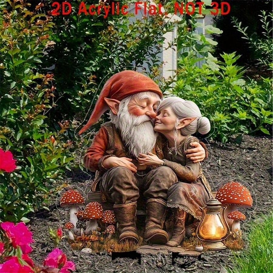 2D Flat, 1pc, Charming Gnome Couple 2D Acrylic Garden Statue, Windproof And Rain Outdoor Decoration, Suitable For Flower Pots, Lawns And Backyards Whimsical Yard Art Ground Insertion, Perfect Mother's Day, Birthday Or Housewarming Gift, 20X16cm, Garden Decoration Stakes, Classic Gnome Design - Multicolor - View 1