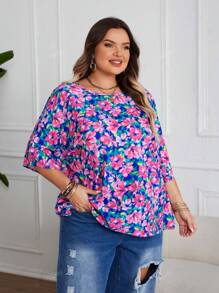 Woven Round Neck Plus Size Batwing Half Sleeve Floral All-Over Print Blouse, Casual Spring/Summer Vacation Wear For Plus Size Women